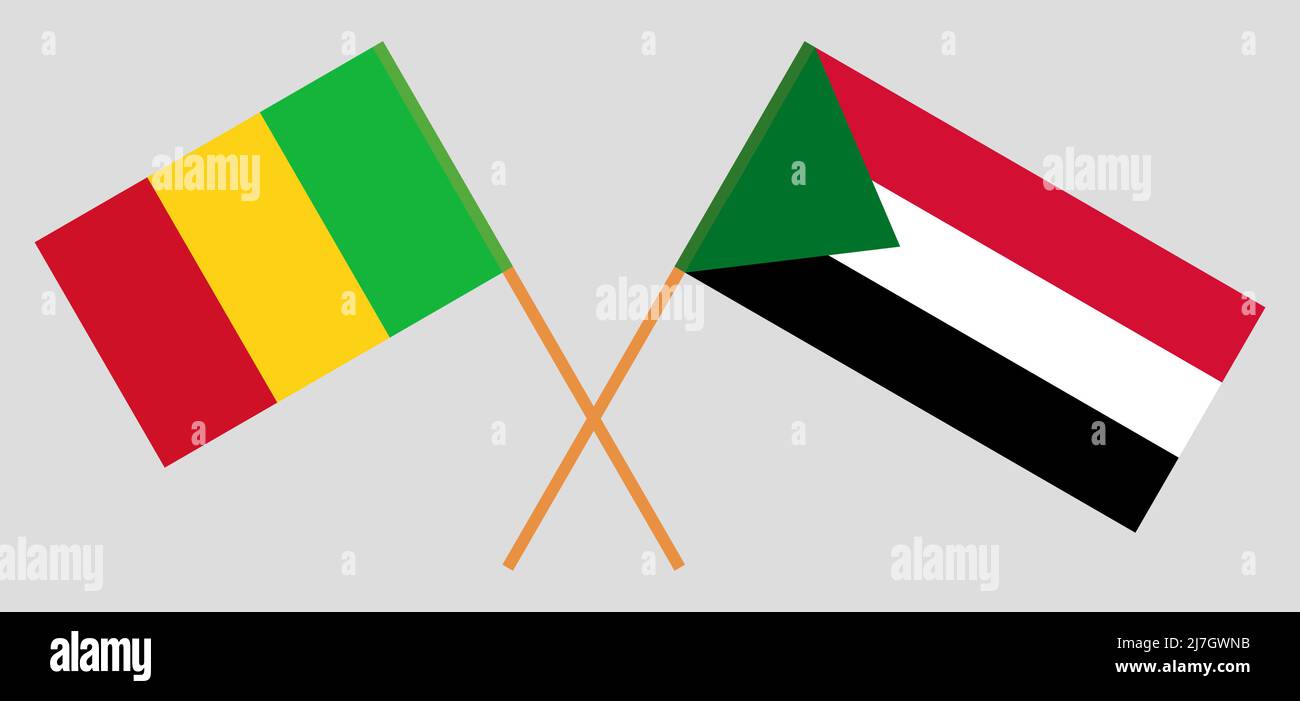 Crossed flags of Mali and Sudan. Official colors. Correct proportion. Vector illustration Stock Vector