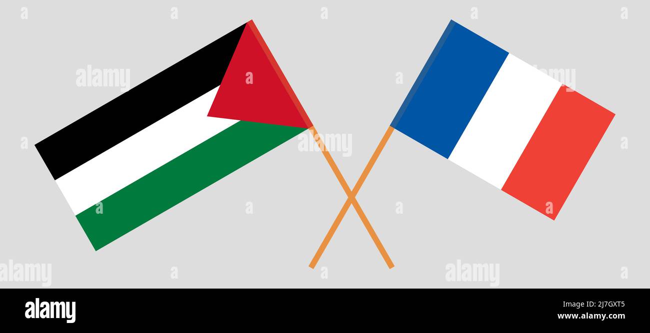 Crossed flags of Palestine and France. Official colors. Correct proportion. Vector illustration Stock Vector