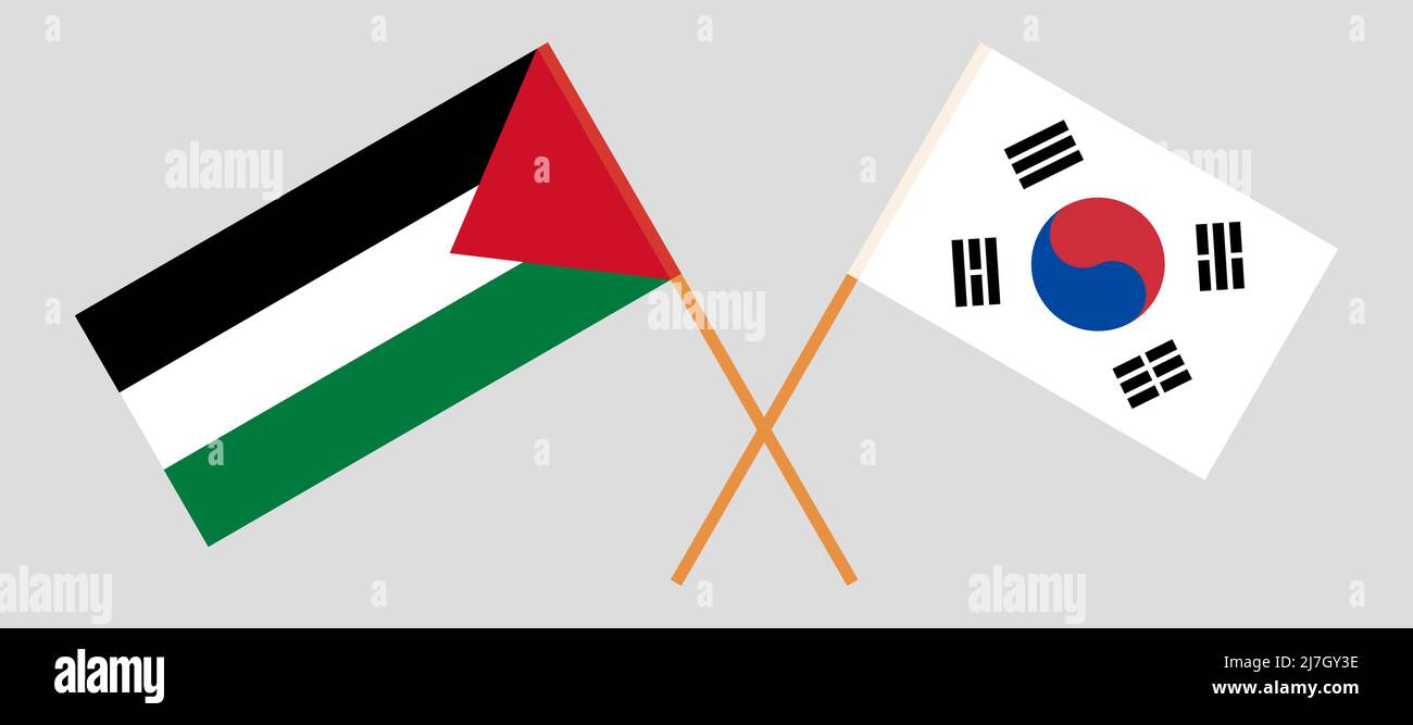 Crossed flags of Palestine and South Korea. Official colors. Correct proportion. Vector illustration Stock Vector