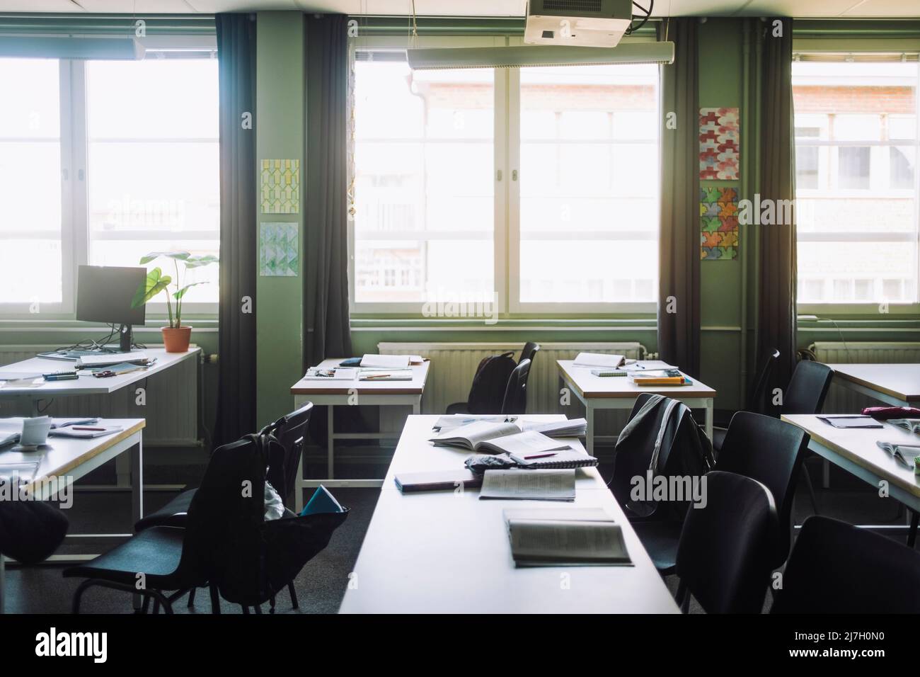 Empty classroom with chairs and desks Stock Photo