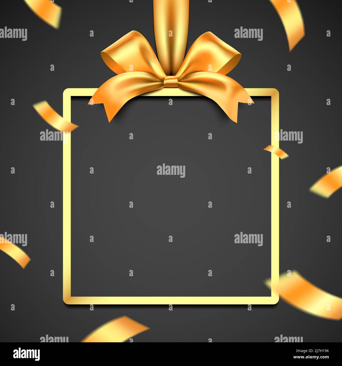 Golden gift box frame with ribbon, and falling confetti on a black background. Luxury style gift card vector design. Stock Vector