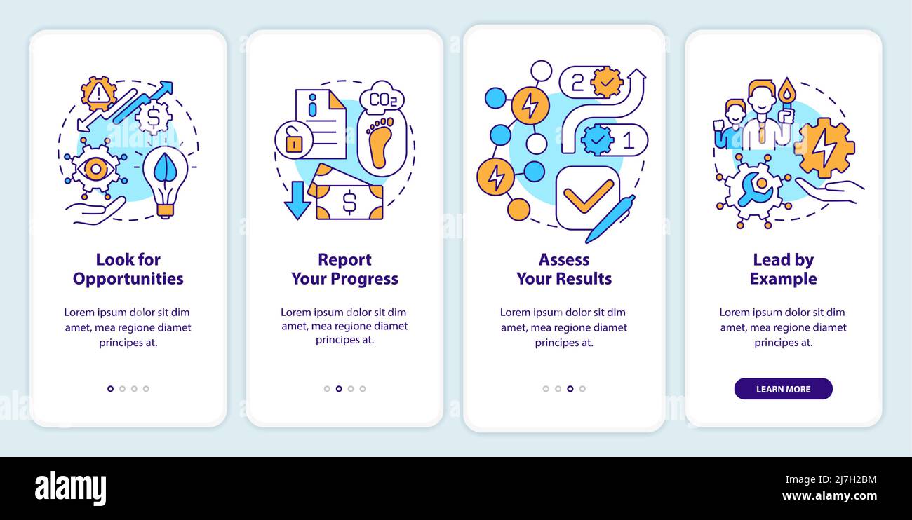 Key steps to energy strategy onboarding mobile app screen Stock Vector ...