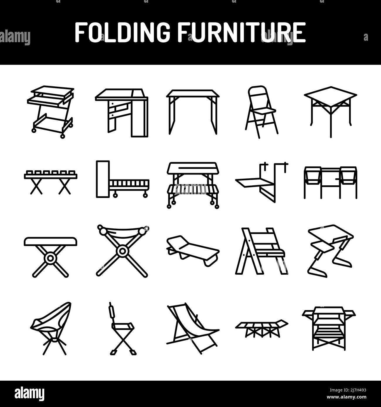 Folding furniture color line icons set. Signs for web page, mobile app, button. Editable stroke. Stock Vector