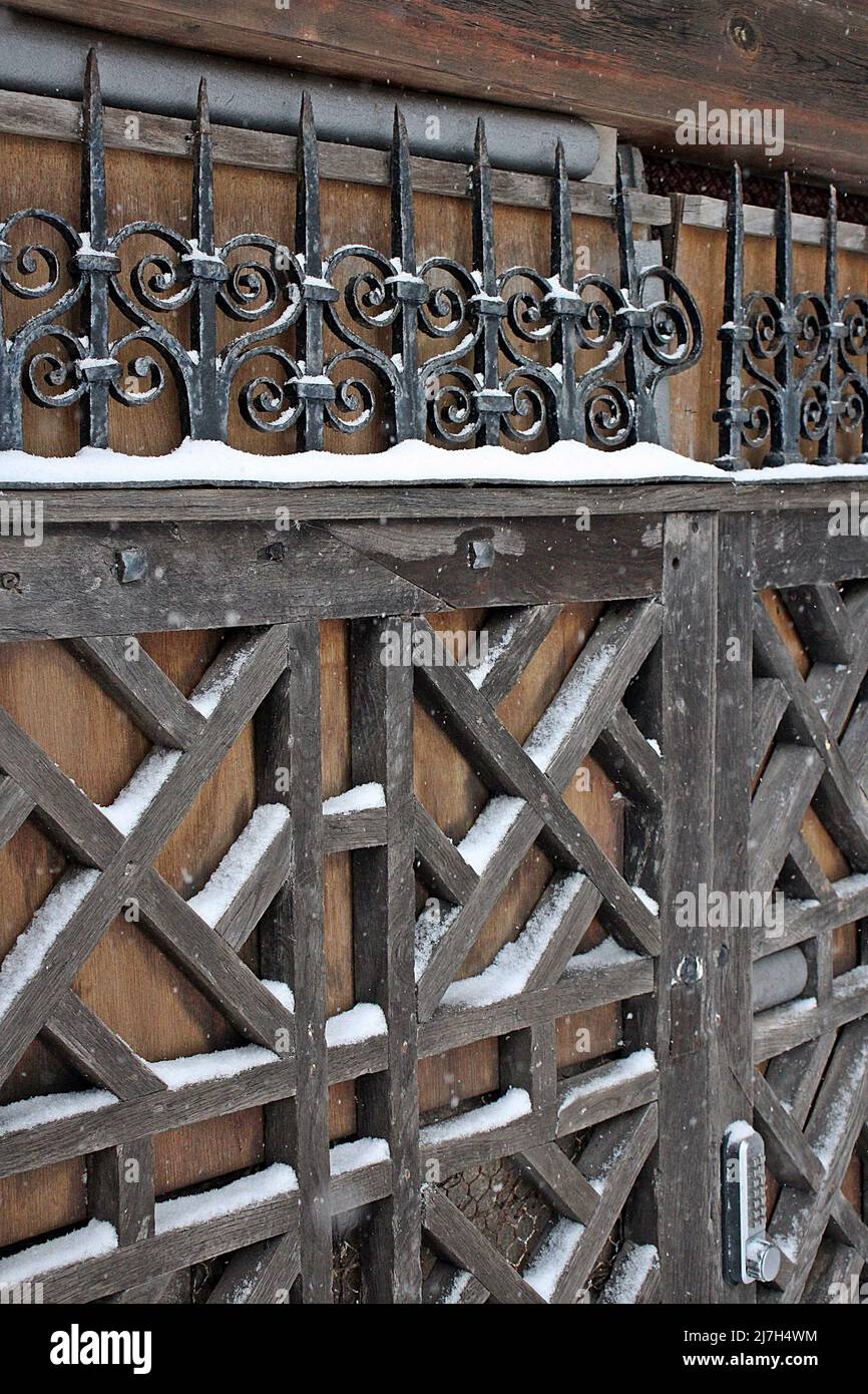 detail of snow on the rails of a church Stock Photo