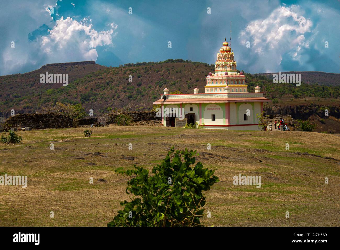 Temple in side of river, stone carving Nandi gram, Temple under tree Stock Photo