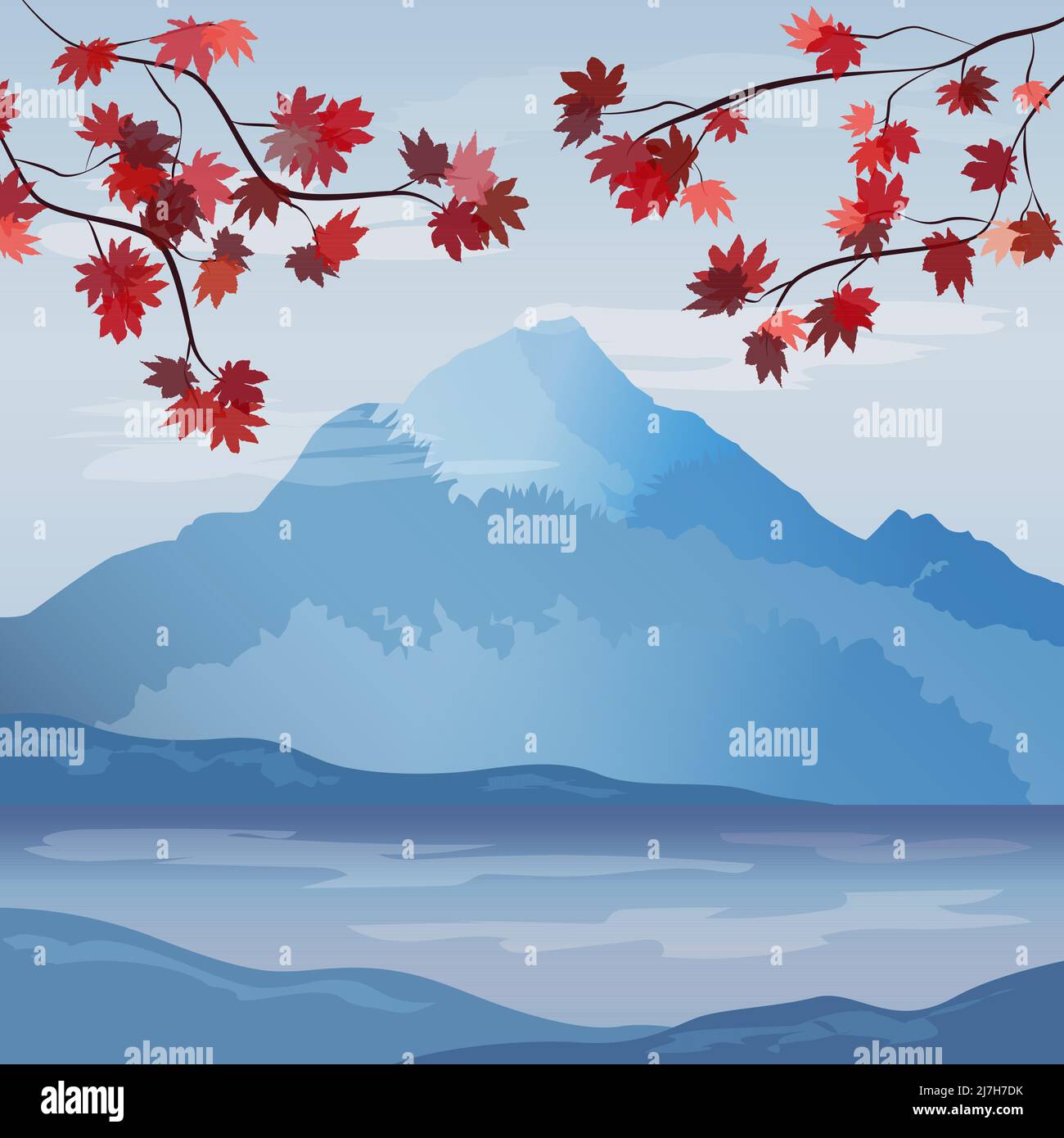 Landscape with Fujiyama and red maples. Japan.  Stock Vector