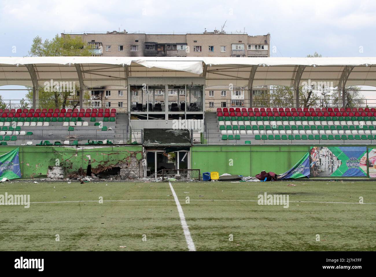 IRPIN, UKRAINE - MAY 8, 2022 - The Chempion Stadium damaged as a result of Russian shelling is pictured in Irpin, Kyiv Region, northern Ukraine. This Stock Photo