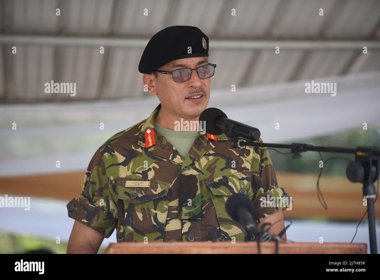 Belize City, Belize. 07 May, 2022. Commander of the Belize Defence Force, Brigadier General Asariel Loria, addresses the member nations participating in joint military Exercise Tradewinds opening ceremony, May 7, 2022 in Belize City, Belize.  Credit: PO3 Ryan Noe/U.S. Coast Guard/Alamy Live News Stock Photo