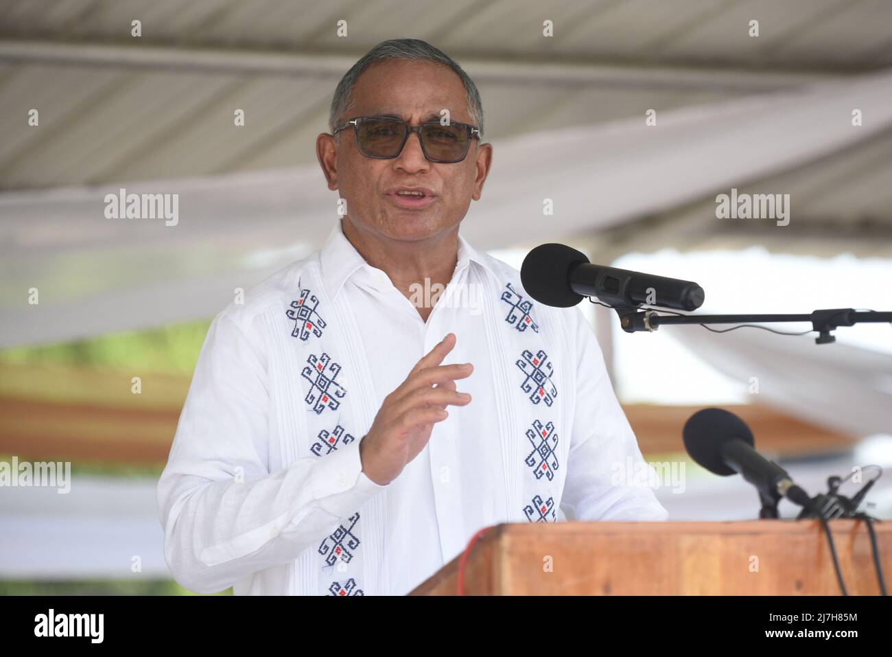 Belize City, Belize. 07 May, 2022. Belizean Prime Minister, Johnny Briceno, addresses the member nations participating in joint military Exercise Tradewinds opening ceremony, May 7, 2022 in Belize City, Belize. Credit: PO3 Ryan Noe/U.S. Coast Guard/Alamy Live News Stock Photo