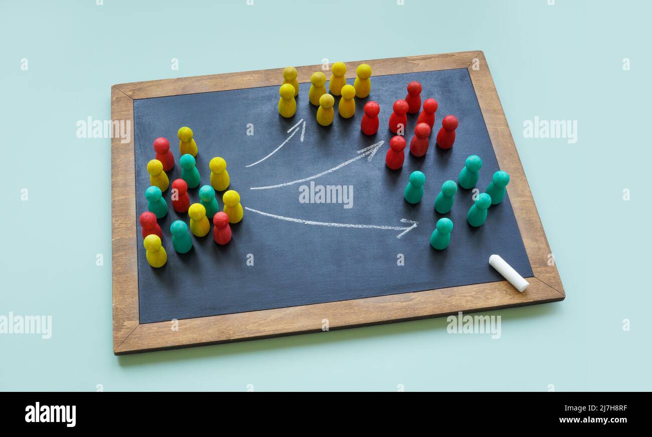 Board with arrows and colored figures. Cultural factors affect marketing concept. Stock Photo