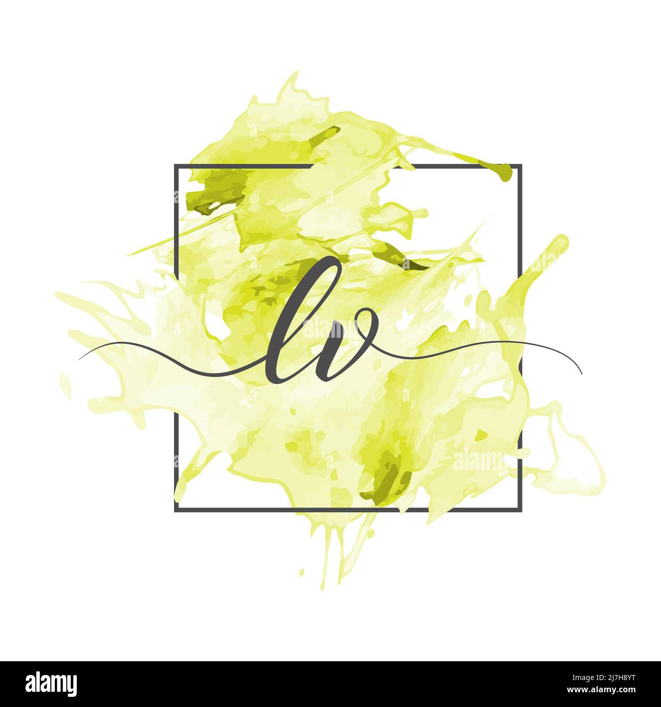 Calligraphic lowercase letters L and V are written in a solid line on a colored background in a frame Stock Vector