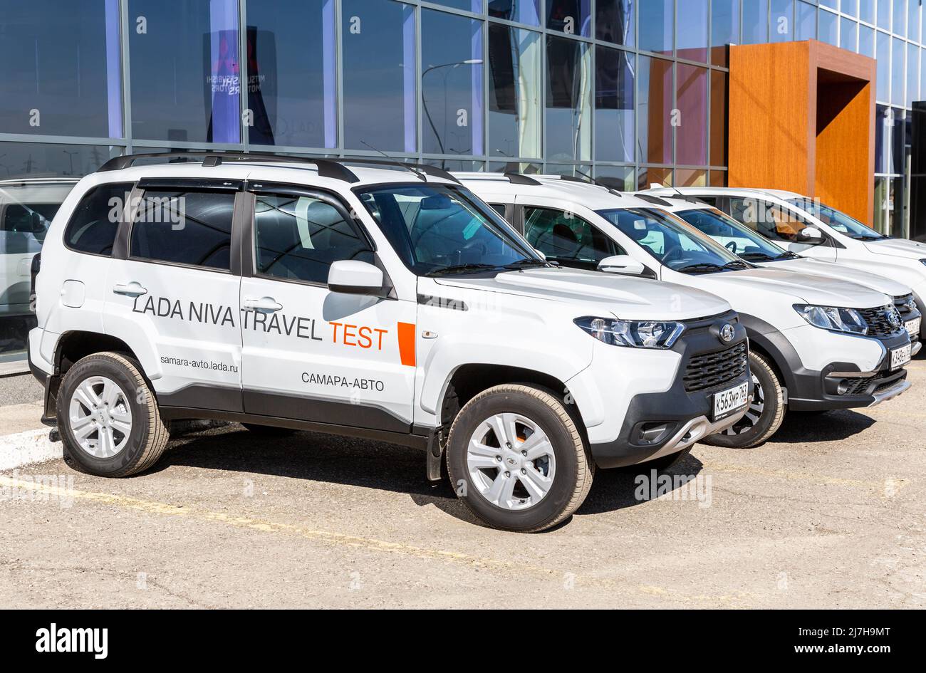 Samara, Russia - May 07, 2022: Brand new offroad Lada Niva Travel vehicle next the office of official dealer Stock Photo