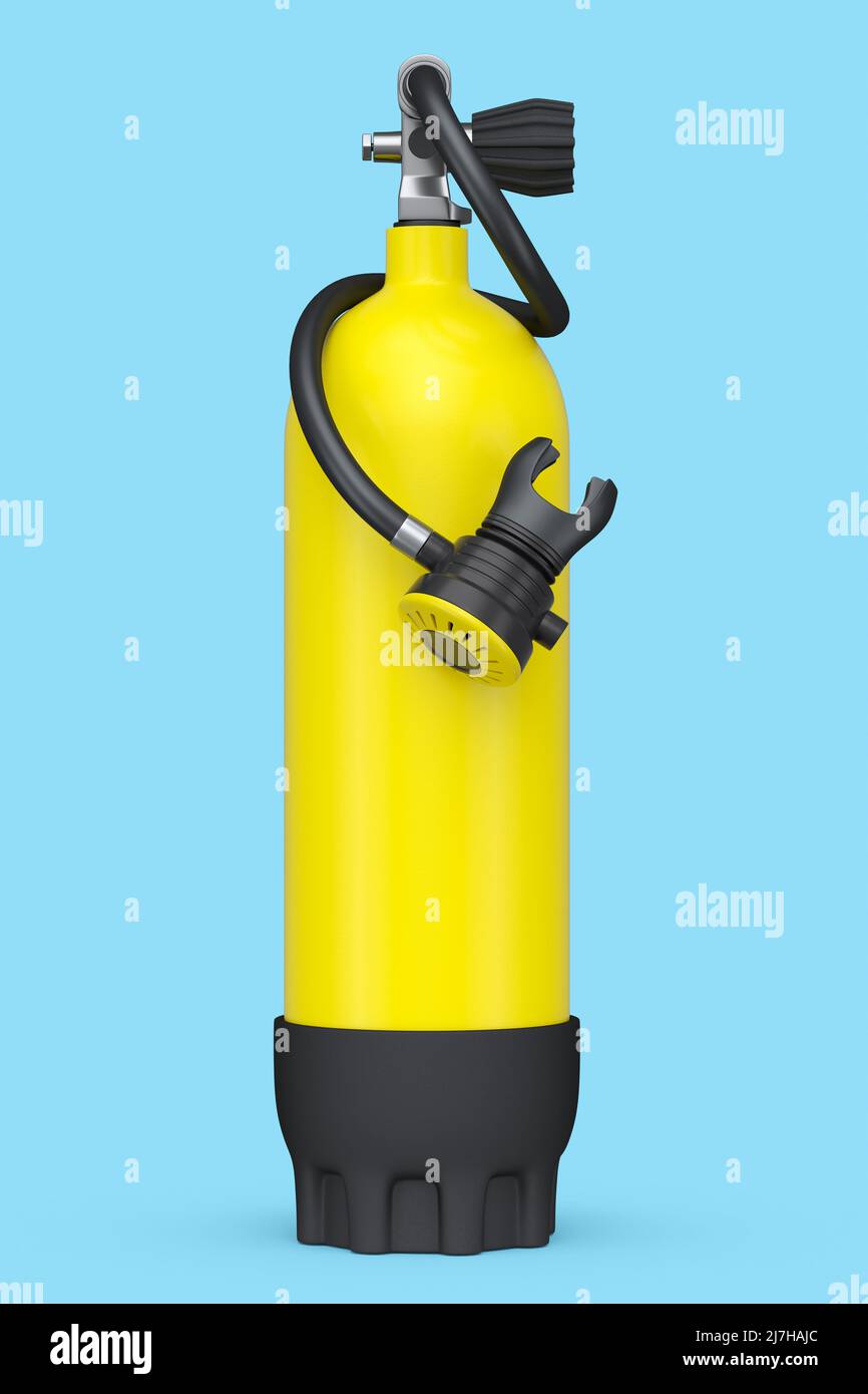 Yellow diving tank full oxygen for snorkeling isolated on a blue