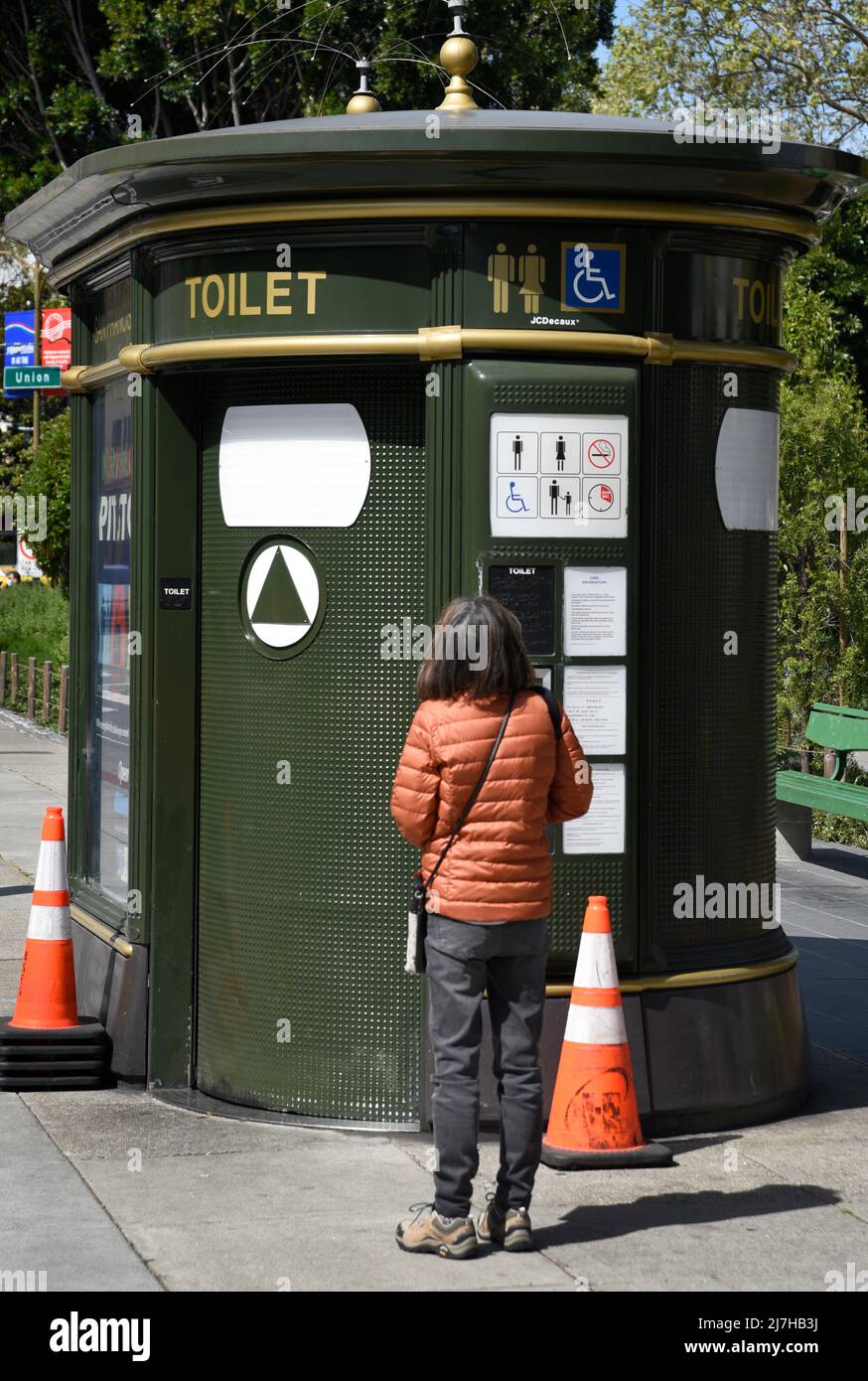 Tourists use one of numerous public toilets located near parks and