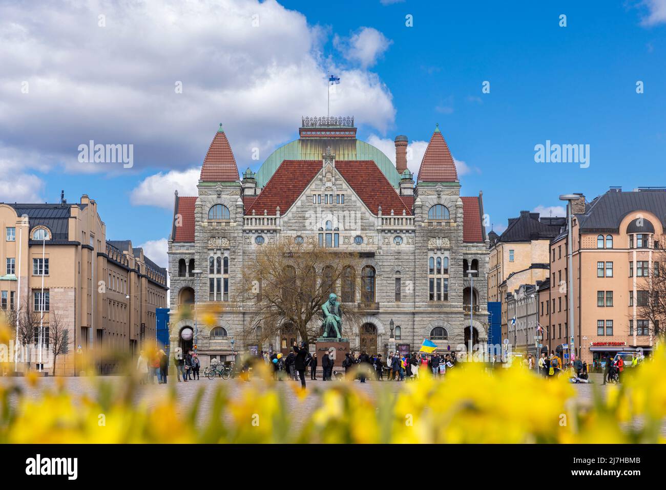 People protesting for Ukraine in front of Finnish national Theatre building Stock Photo