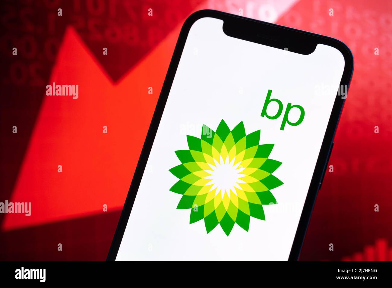 British petroleum oil prices, logo closeup. Collapse, petroleum crisis
