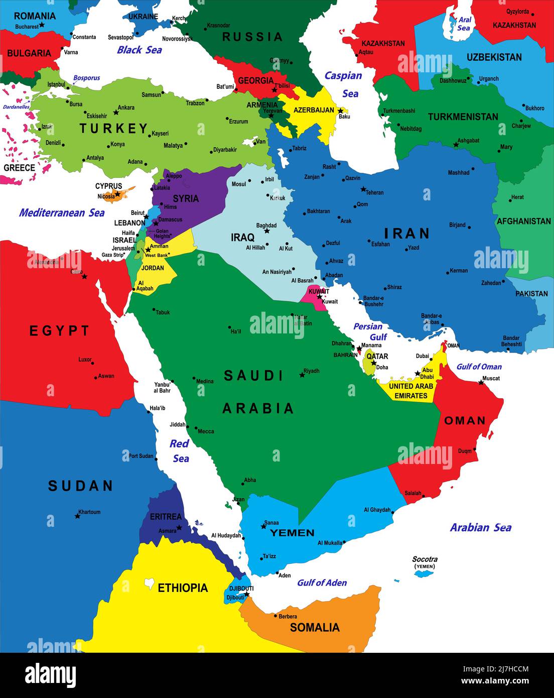 Middle east political map with each country selectable independently Stock Vector