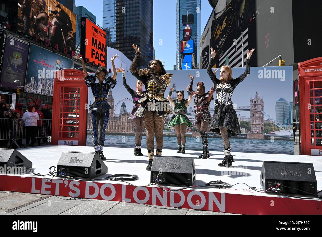 Perform London Cast members from the Broadway musical 'Six' perform during the 'Let's ...