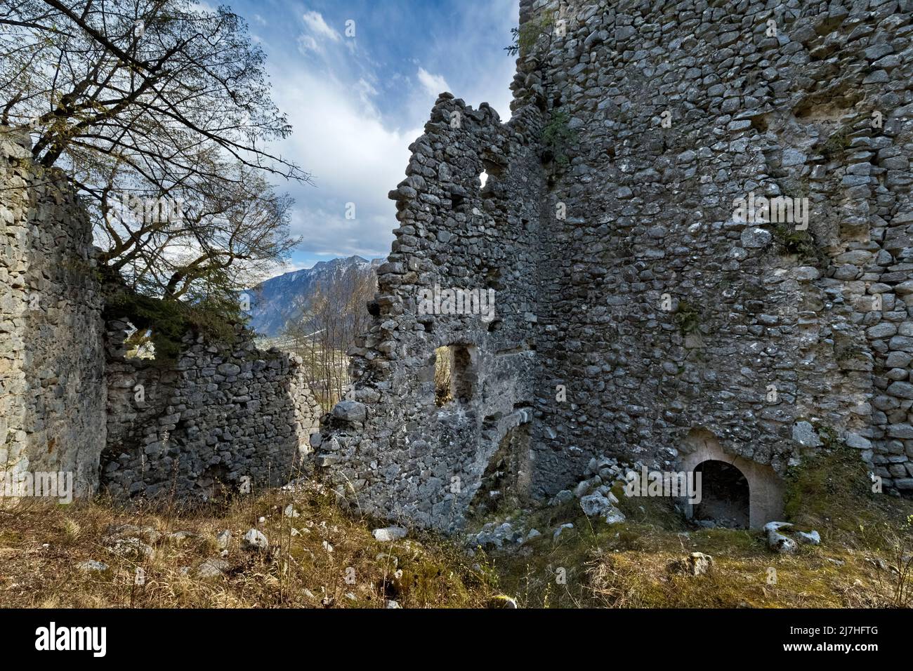 Ruins of the medieval fortress of Castellalto castle. Telve, Trento province, Trentino Alto-Adige, Italy, Europe. Stock Photo
