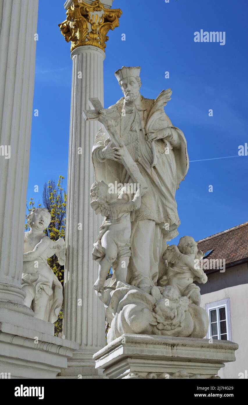 Holy Trinity statue in Stein an der Donau, Krems, Austria, detail, vertical Stock Photo