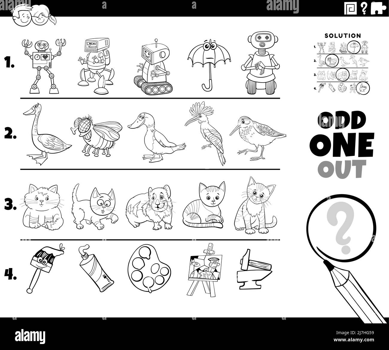 Black and white cartoon illustration of odd one out picture in a row educational activity for children with comic characters coloring book page Stock Vector