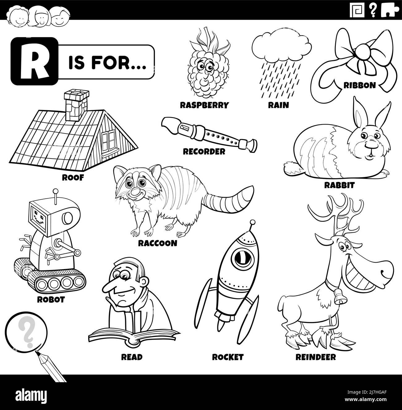 Black and white educational cartoon illustration for children with ...