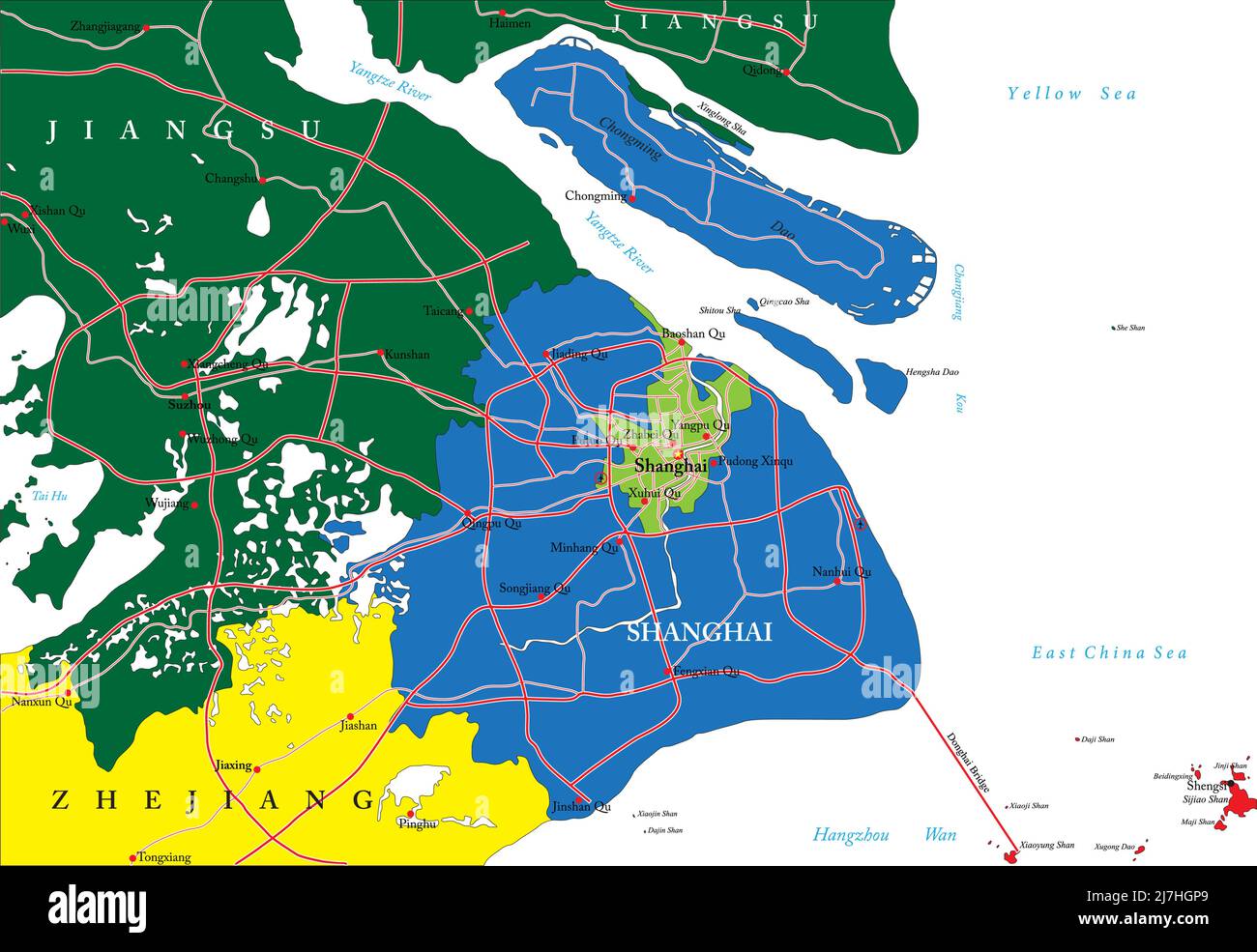 Shanghai highly detailed vector map with administrative regions,main