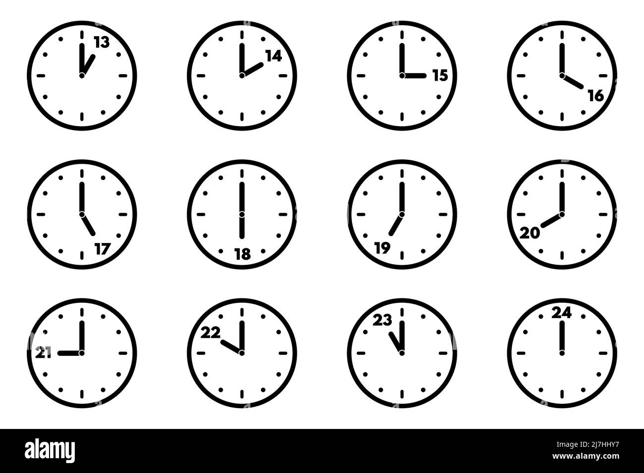 Set of analog clock icon for every hour. 24 hour clock. Vector