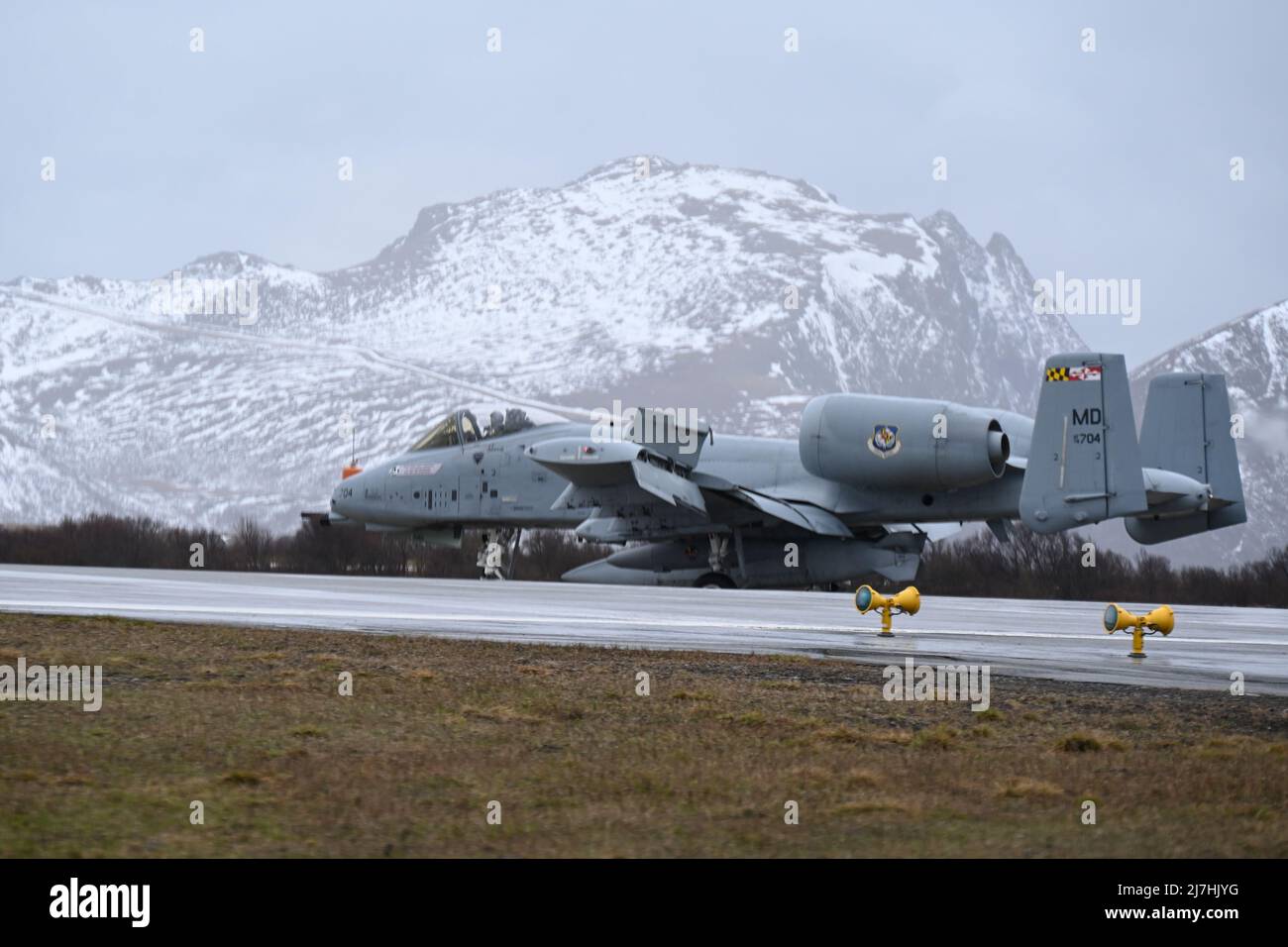 Andenes, Norway. 06 May, 2022. A U.S. Air Force A-10C Thunderbolt II ground attack aircraft assigned to the 104th Fighter Squadron, taxis after arrival at Andoya Air Base, May 6, 2022 in Andenes, Norway. The aircraft will conduct Agile Combat Employment training in support of multi-national exercise Swift Response exercise. Credit: TSgt. Enjoli Saunders/U.S Air Force/Alamy Live News Stock Photo