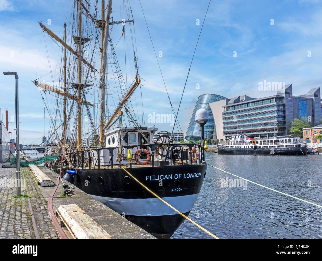 The Tall Ship, Pelican of London, moored here on the River Liffey in Dublin, Ireland. Stock Photo