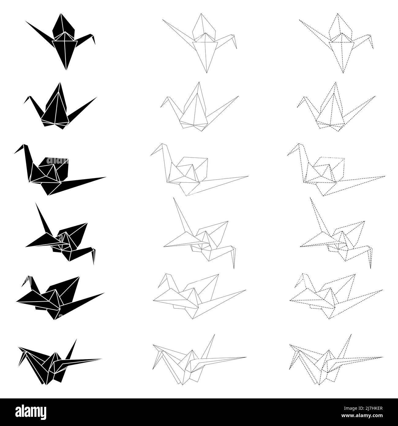 Set of origami crane vector outline, silhouette and dashed illustration