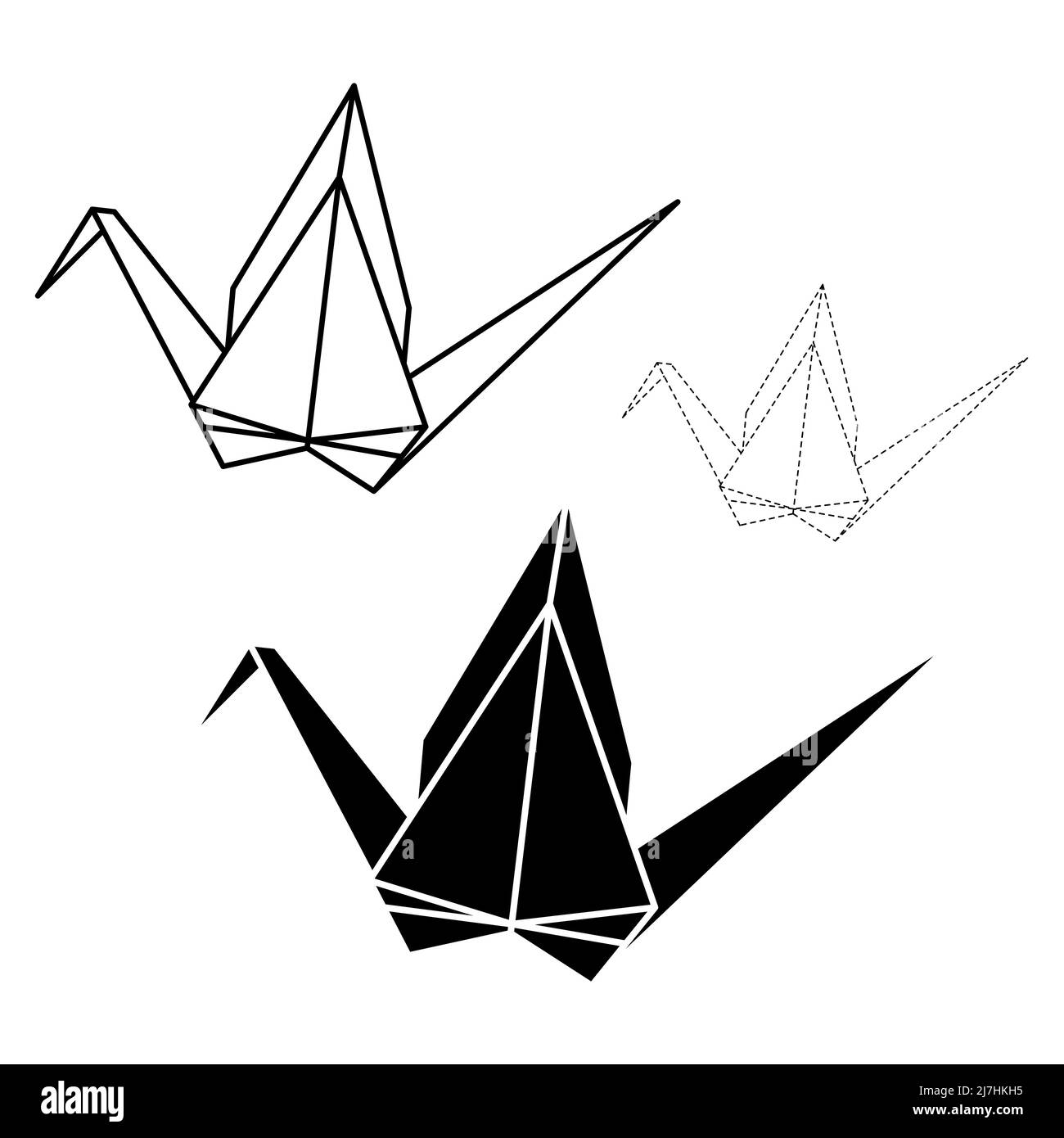 Set of origami crane vector outline, silhouette and dashed illustration