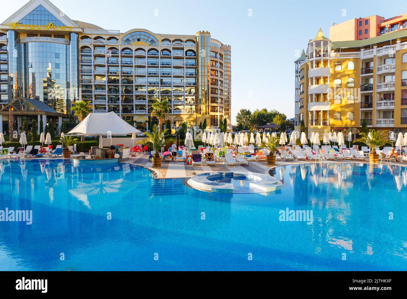 Sunny Beach, Bulgaria - August 28, 2016: View on swimming pool of the four stars hotel Marvel in Sunny Beach at morning time Stock Photo