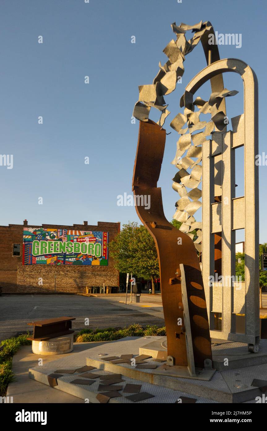 9/11 sculpture in memorial park in Greensboro NC Stock Photo