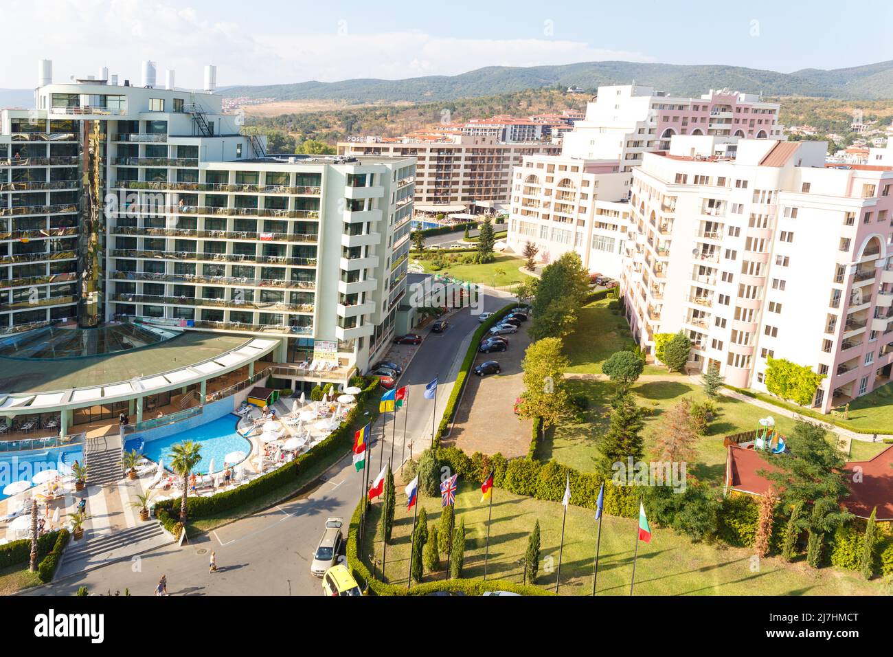 Sunny Beach, Bulgaria - August 28, 2016: Aerial view on the four stars hotel Marvel Stock Photo