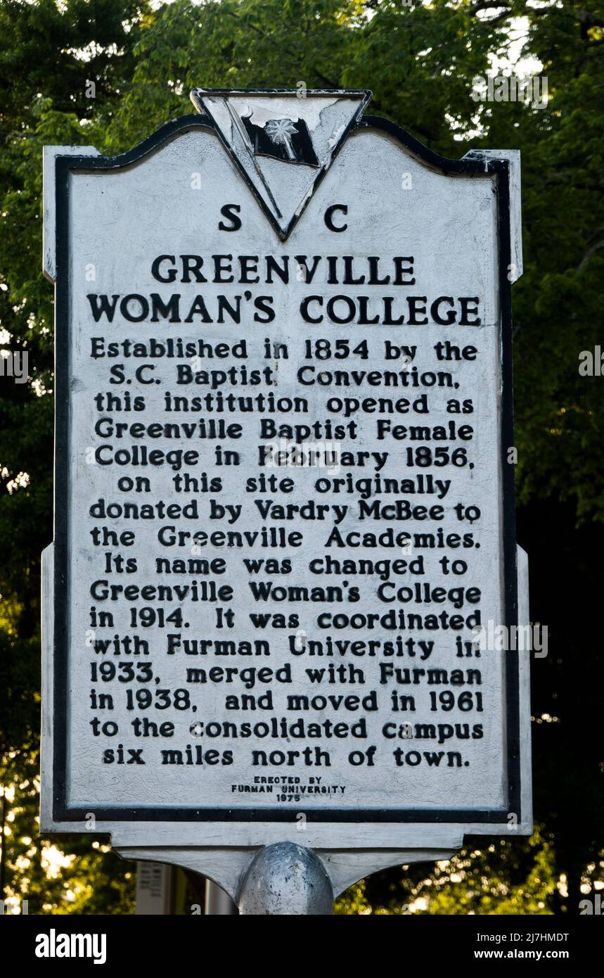Greenville Woman's college plaque sign in Greenville SC Stock Photo