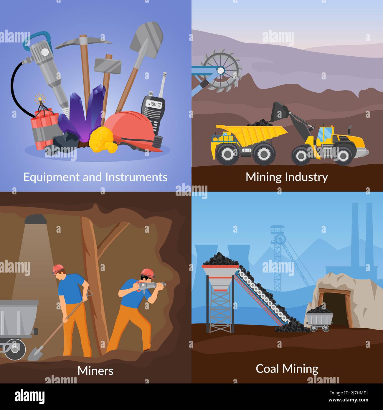 Mining industry flat design concept with equipment and instruments, manual labor, transportation, coal extraction, isolated vector illustration Stock Vector