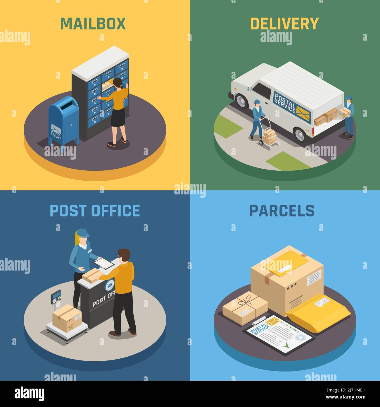 Post office mail delivery service 4 isometric icons square with mailbox ...