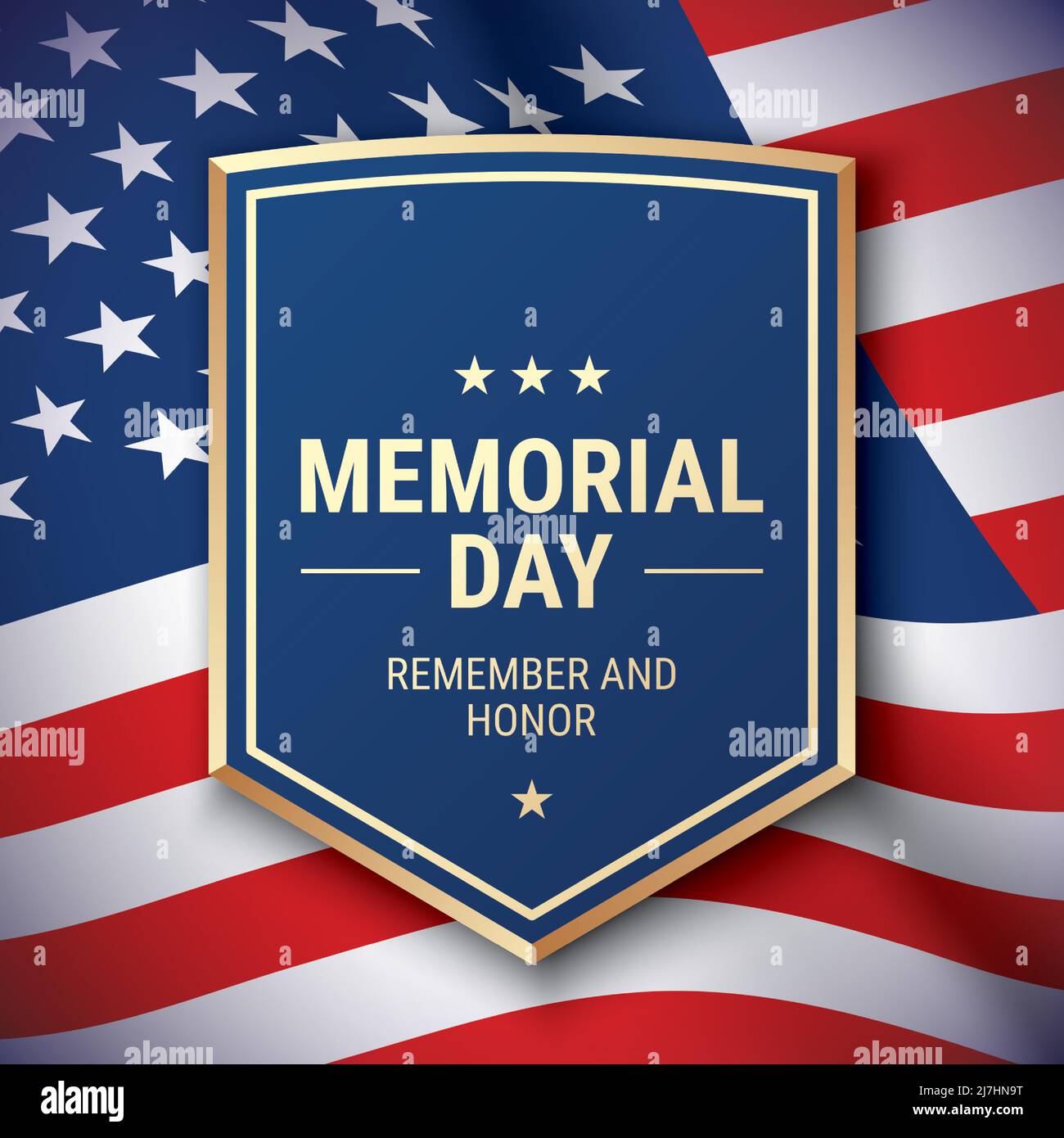 Memorial Day postcard vector design, with greeting text and shield on a waving USA flag background. Stock Vector