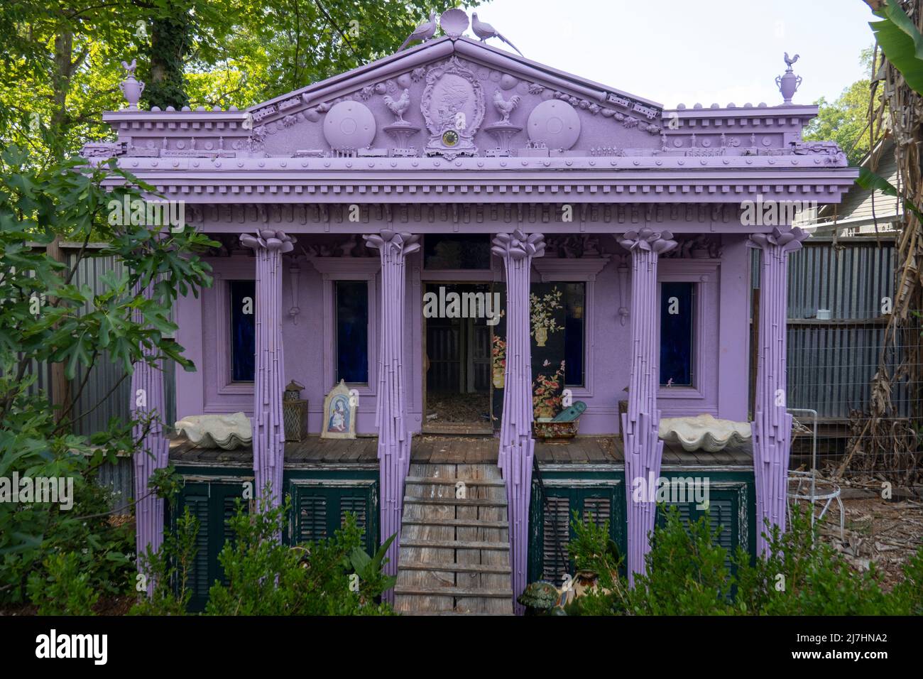 Greek revival purple folk art chicken coop building in Greenville SC