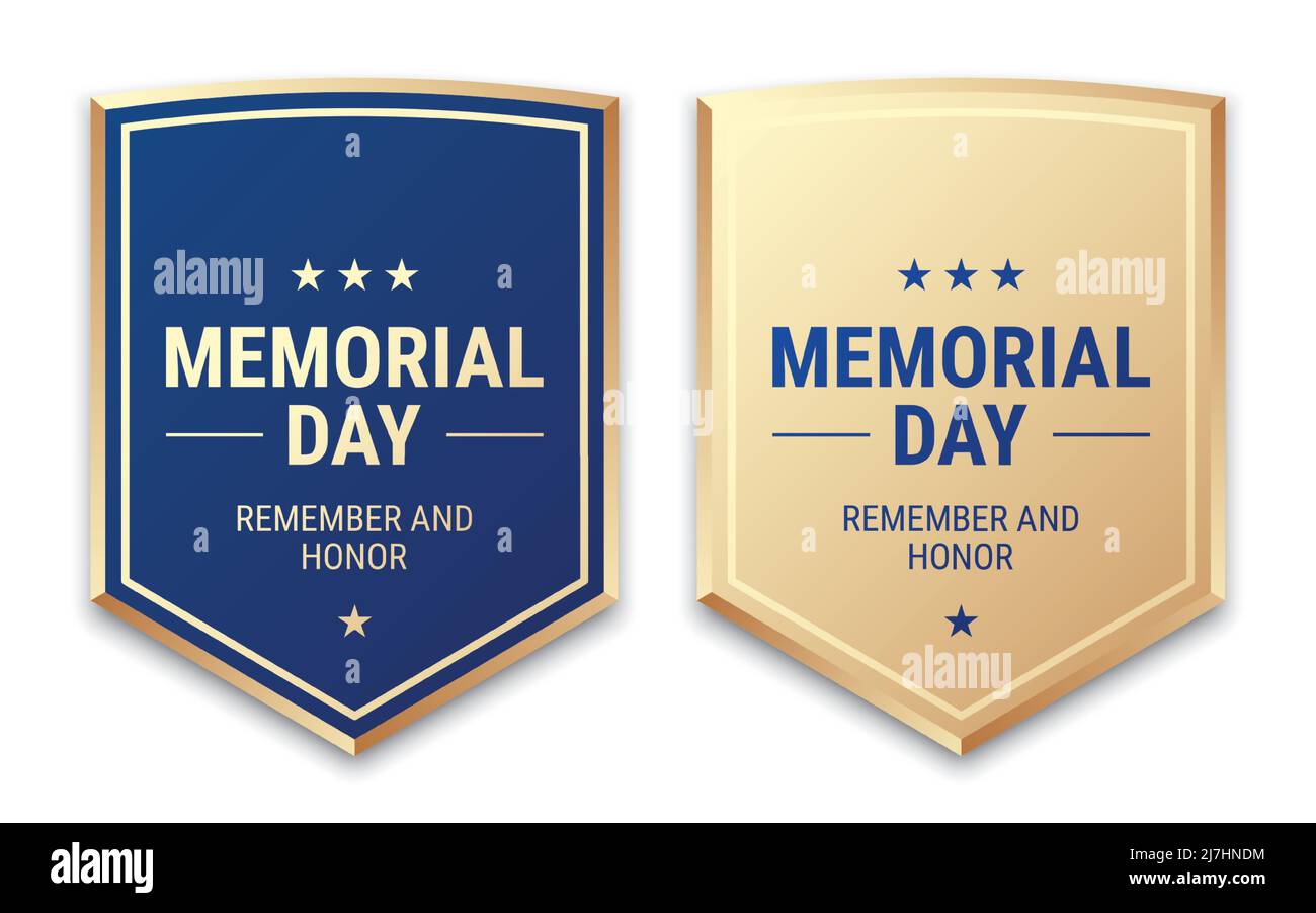 Memorial Day shield badges vector design, in blue and golden colors, isolated on white background. Stock Vector