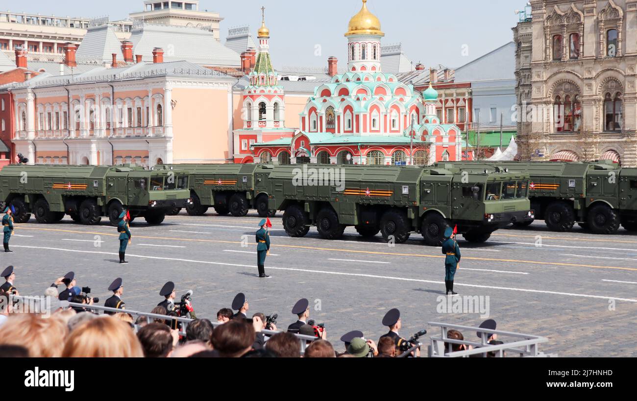 Moscow, Russia, May 2022: Iskander-M tactical missile System are passing by Red Square on rehearsal of the military parade. Stock Photo