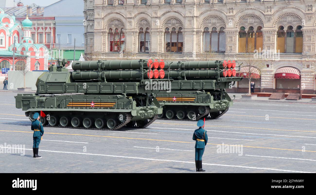Moscow, Russia, May 2022: BUK M3 anti-aircraft missile system are passing by Red Square on rehearsal of the military parade. Stock Photo