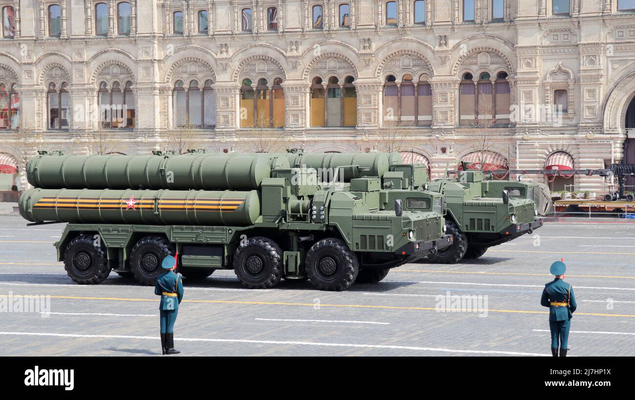 Moscow, Russia, May 2022: S-400 long- and medium-range anti-aircraft missile system are passing by Red Square on rehearsal of the military parade. Stock Photo