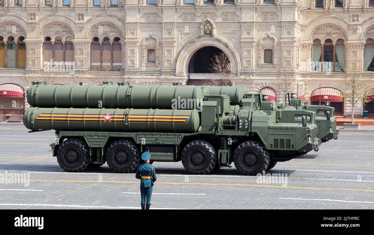 Moscow, Russia, May 2022: S-400 long- and medium-range anti-aircraft missile system are passing by Red Square on rehearsal of the military parade. Stock Photo