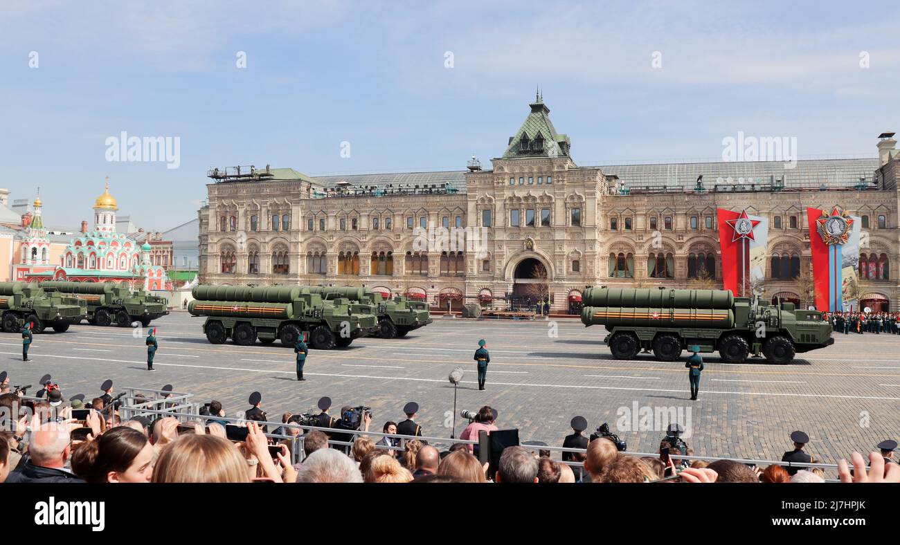 Moscow, Russia, May 2022: S-400 long- and medium-range anti-aircraft missile system are passing by Red Square on rehearsal of the military parade. Stock Photo