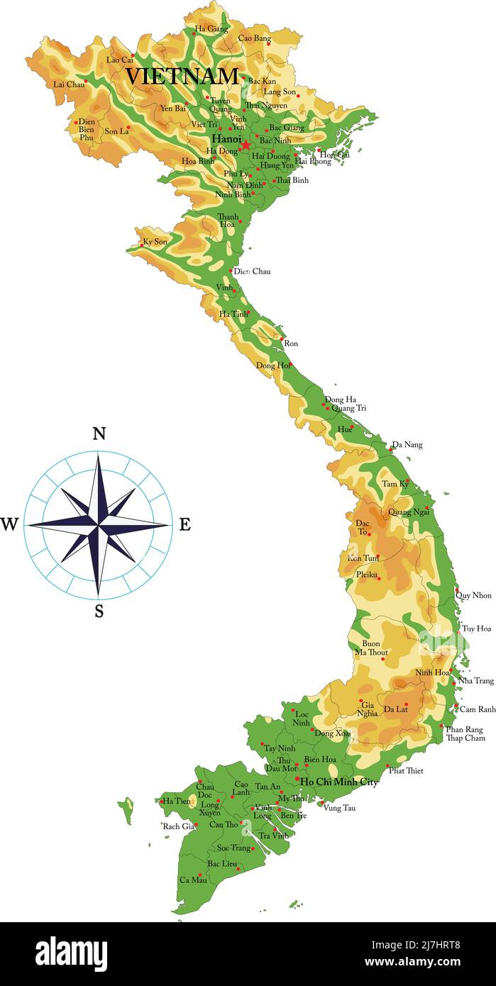 Highly detailed physical map of the Vietnam,in vector format,with all the relief forms,regions 