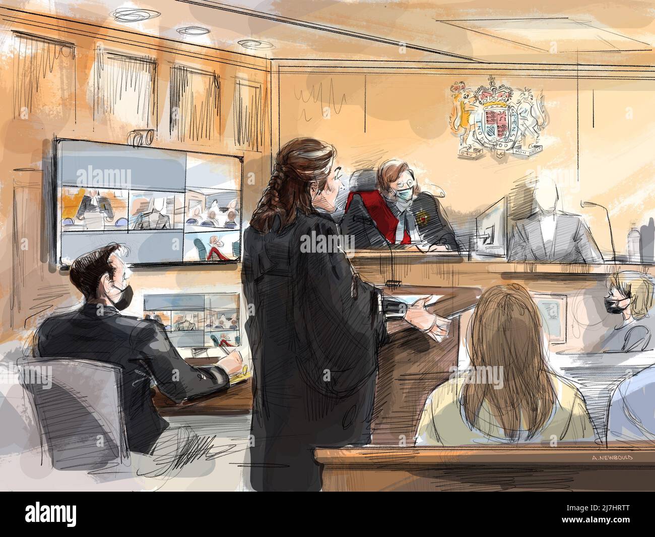 In this court artist's sketch, defence lawyer Megan Savard cross-examines a witness at the Jacob Hoggard trial in Toronto, Monday, May 9, 2022. From left: Hoggard, Savard, Justice Gillian Roberts, a complainant, a court reporter and audience members. THE CANADIAN PRESS/Alexandra Newbould Stock Photo