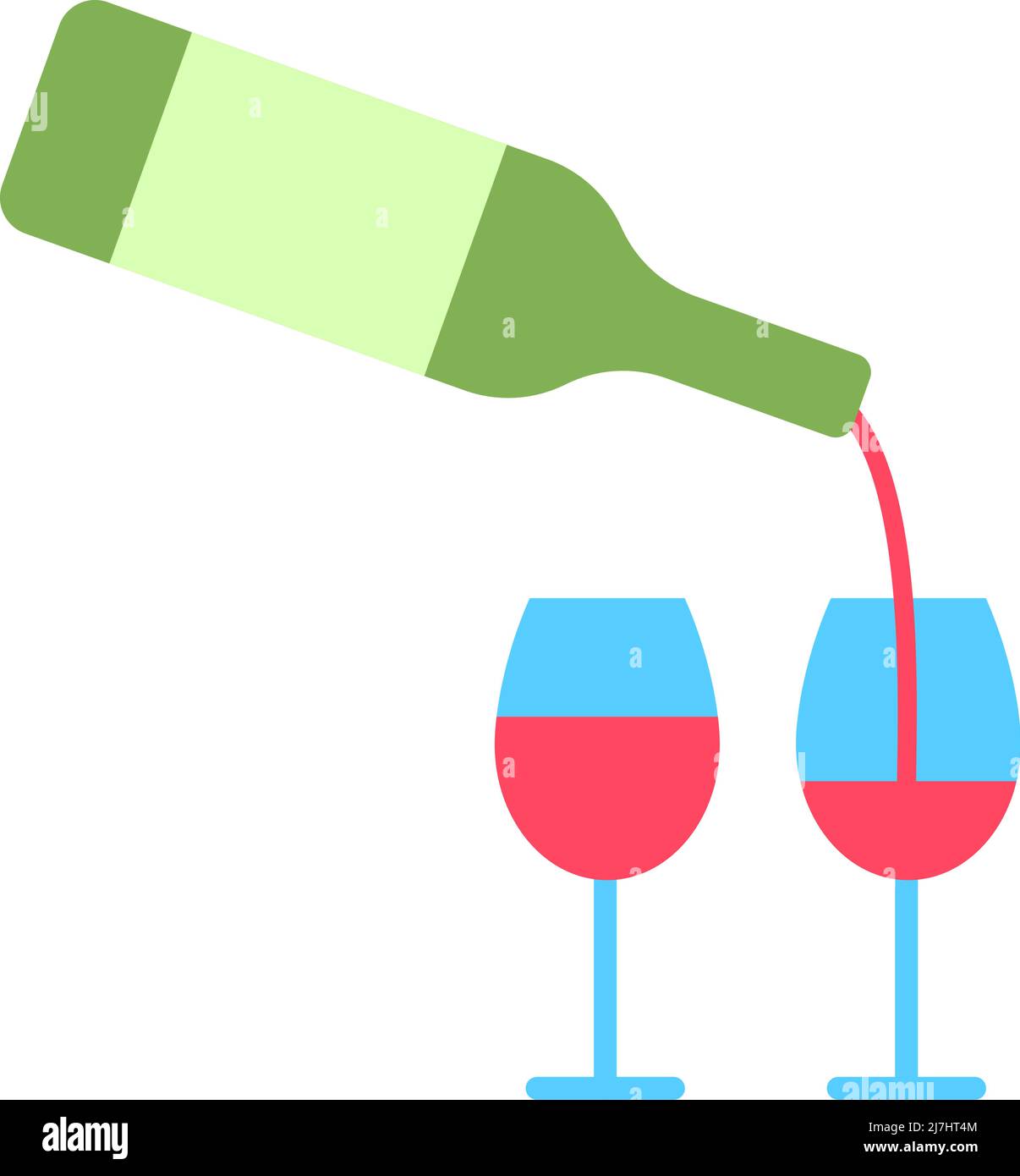 Wine bottle and two glasses flat line icon. Stock Vector