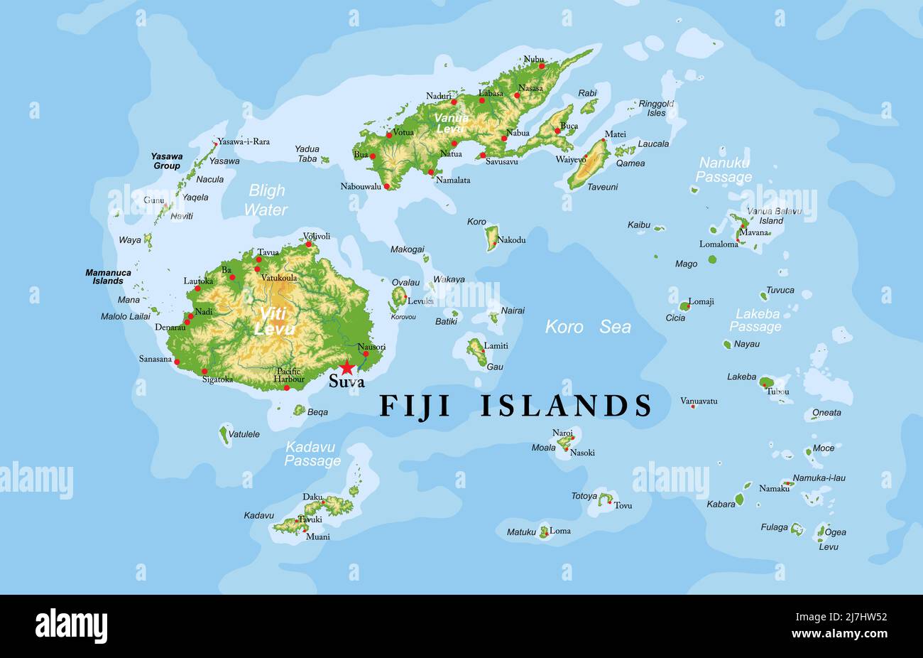 Highly Detailed Physical Map Of Fiji Islandsin Vector Formatwith All The Relief Formsregions And Big Cities 2J7HW52 